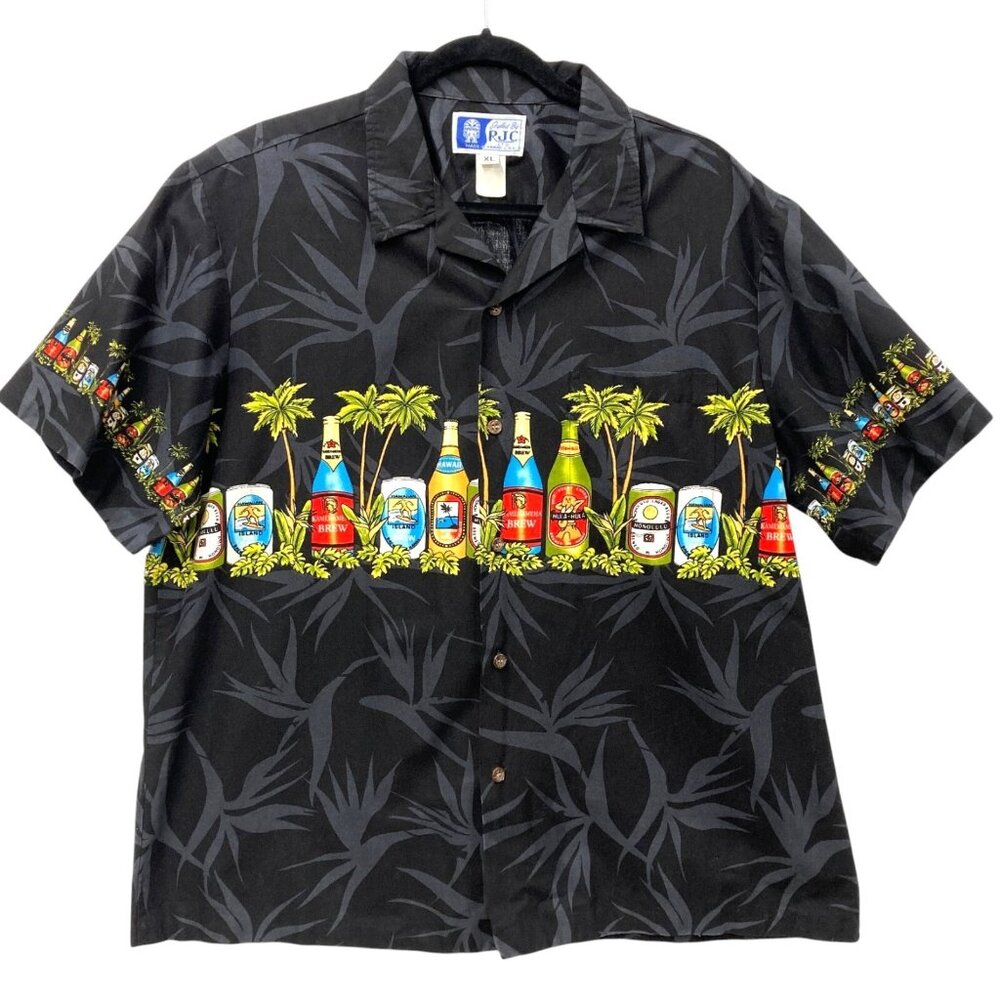 RJC Ltd. Men's Hawaiian Shirt, Sz XL, Beer Palm Trees, Short Sleeves Button Up